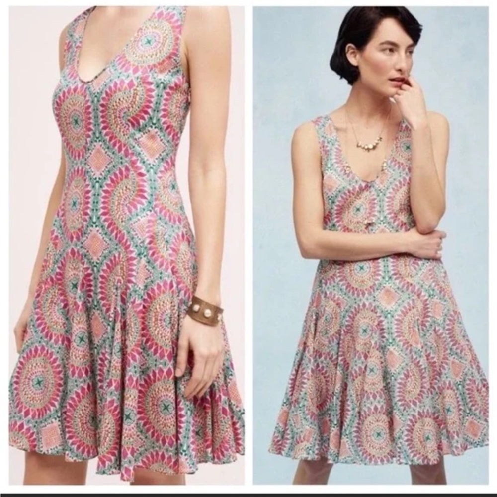 Anthropologie—HD in Paris Pink and Green Sleeveless Scoop Neck Sundress